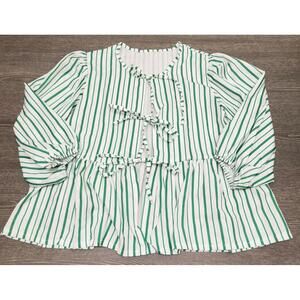Amazon White Green Striped Lace Up Puff Sleeve Peplum Blouse Women Size Small